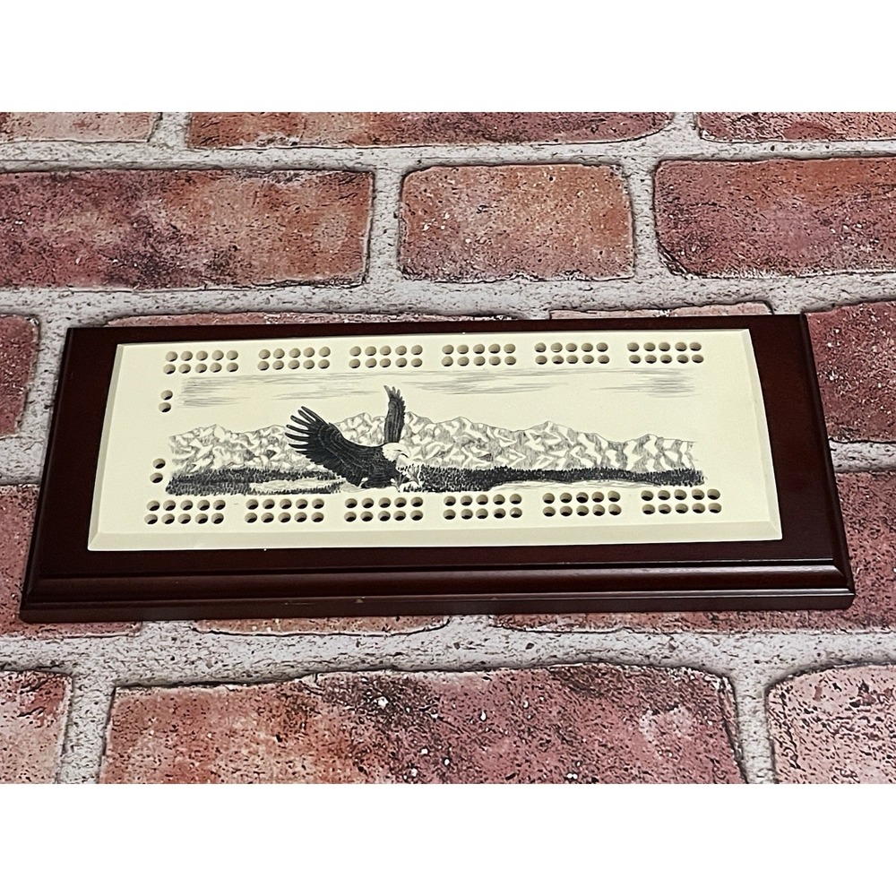 Barlow Scrimshaw Eagle Mountain Wood Cribbage Board Vintage Made in USA Mahogany